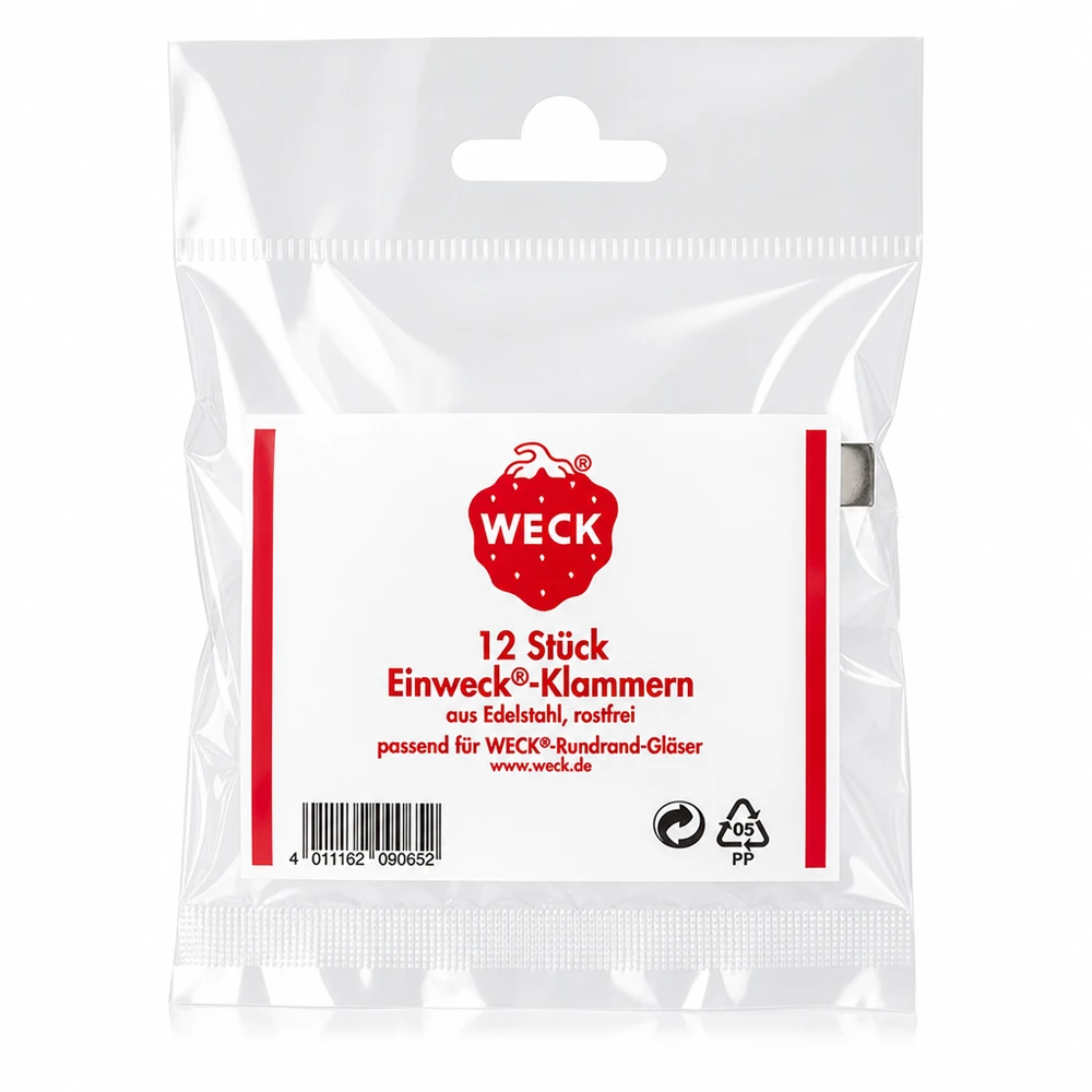 12x attache pour conserve WECK WECK Klammern Verpackungsrückseite mit Produktdetails 12 Stück Edelstahl rostfrei für Rundrand Gläser Original