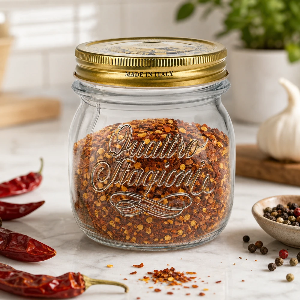 250ml Quattro Stagioni Bocal rond avec couvercle doré rempli de mélange d'épices au piment sur plan de travail de cuisine