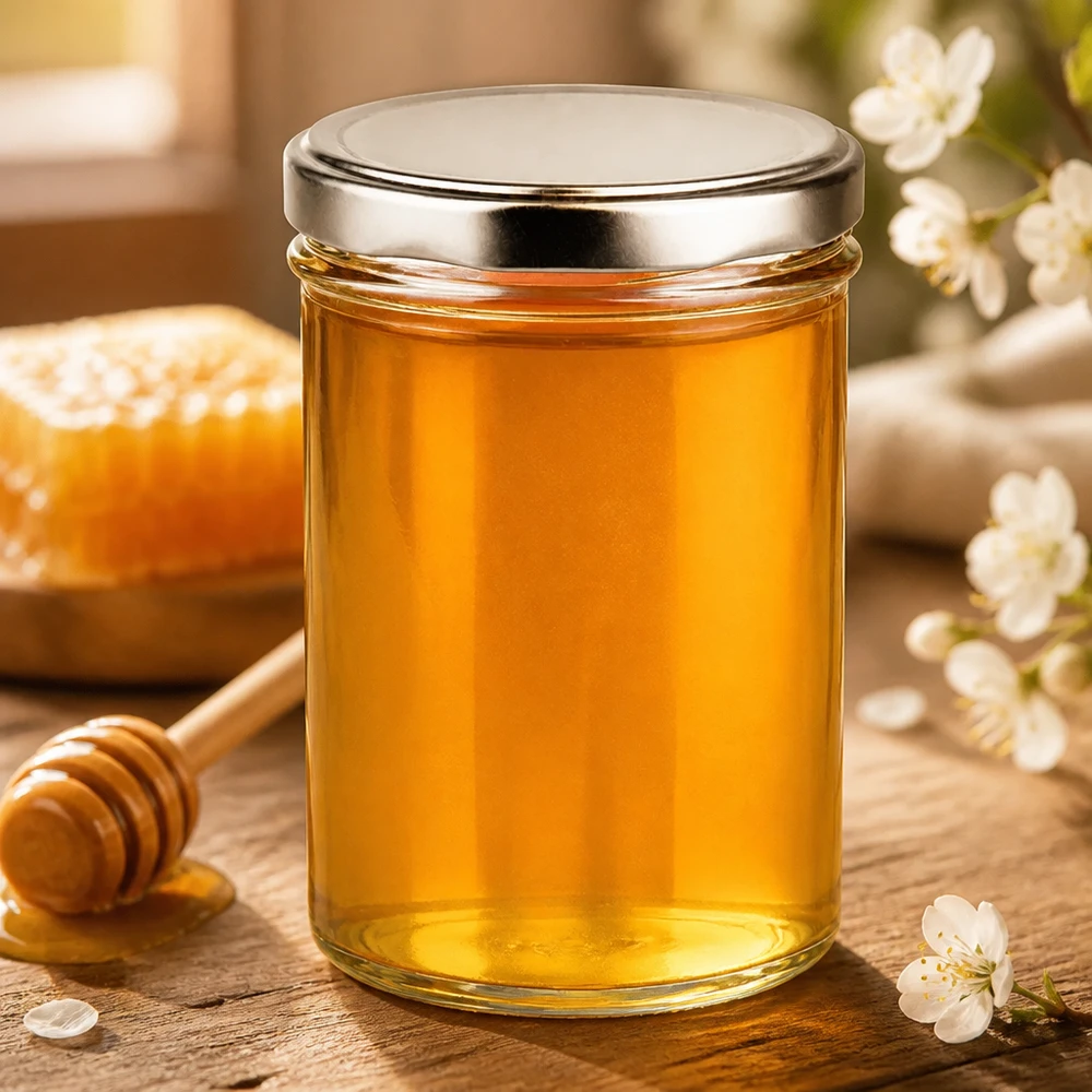 435ml Sturzglas mit BasicSeal Deckel gefüllt mit goldenem Honig - Honigglas mit Holzlöffel und Blütendeko