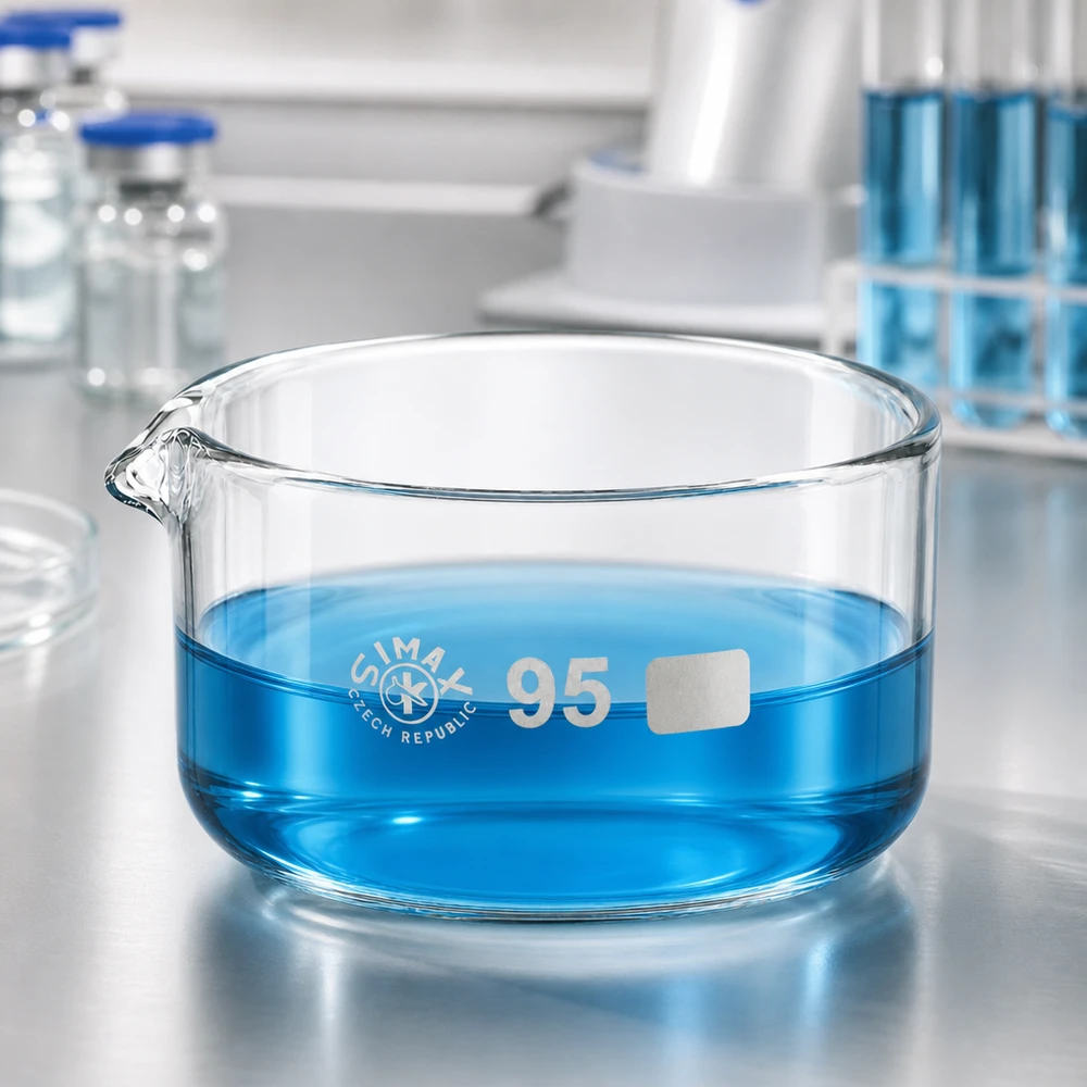 Coupelle de cristallisation 300 ml avec bec verseur Liquide bleu dans un bac de laboratoire plat de 300 ml en verre borosilicaté, bec verseur de 95 mm de diamètre, SIMAX