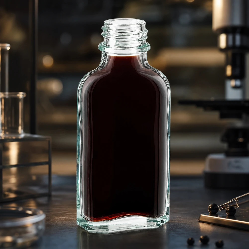 Flacon Meplat transparent de 50 ml contenant un liquide rouge foncé, muni d'un bouchon à vis DIN22