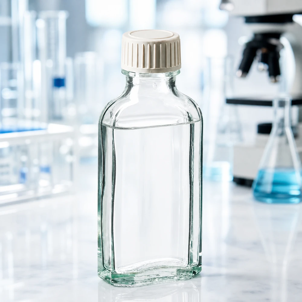 Flacon Meplat en verre transparent de 50 ml avec bouchon en plastique blanc, utilisé en laboratoire