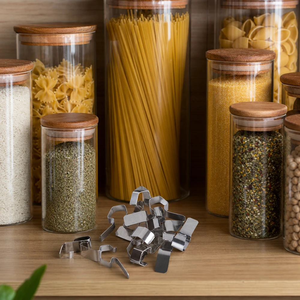 Attache pour conserve WECK Pinces à confiture en acier inoxydable sur une table en bois à côté de bocaux de stockage avec des épices pour pâtes et des ustensiles de cuisine