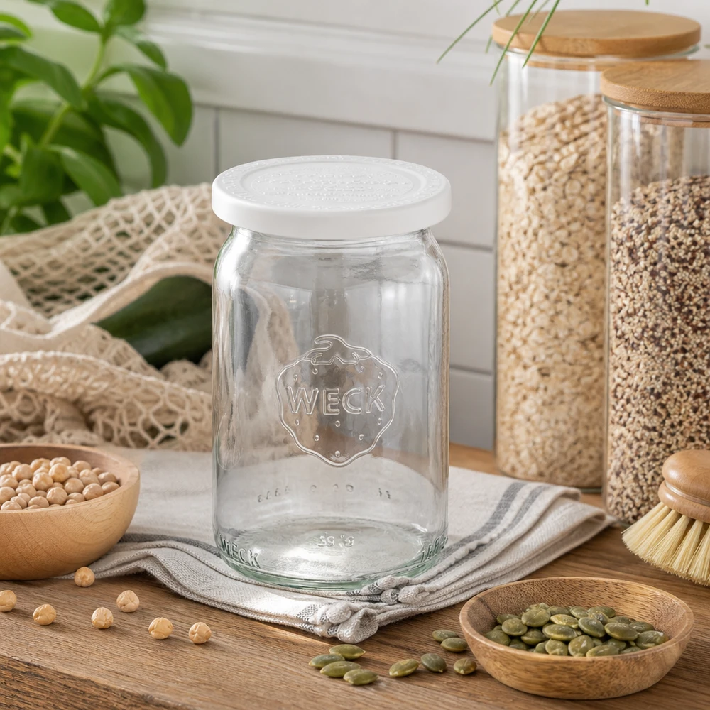 WECK RR40 Pot cylindrique 145ml vide avec couvercle fraîcheur dans la cuisine naturelle entre les légumineuses et les bocaux à provisions