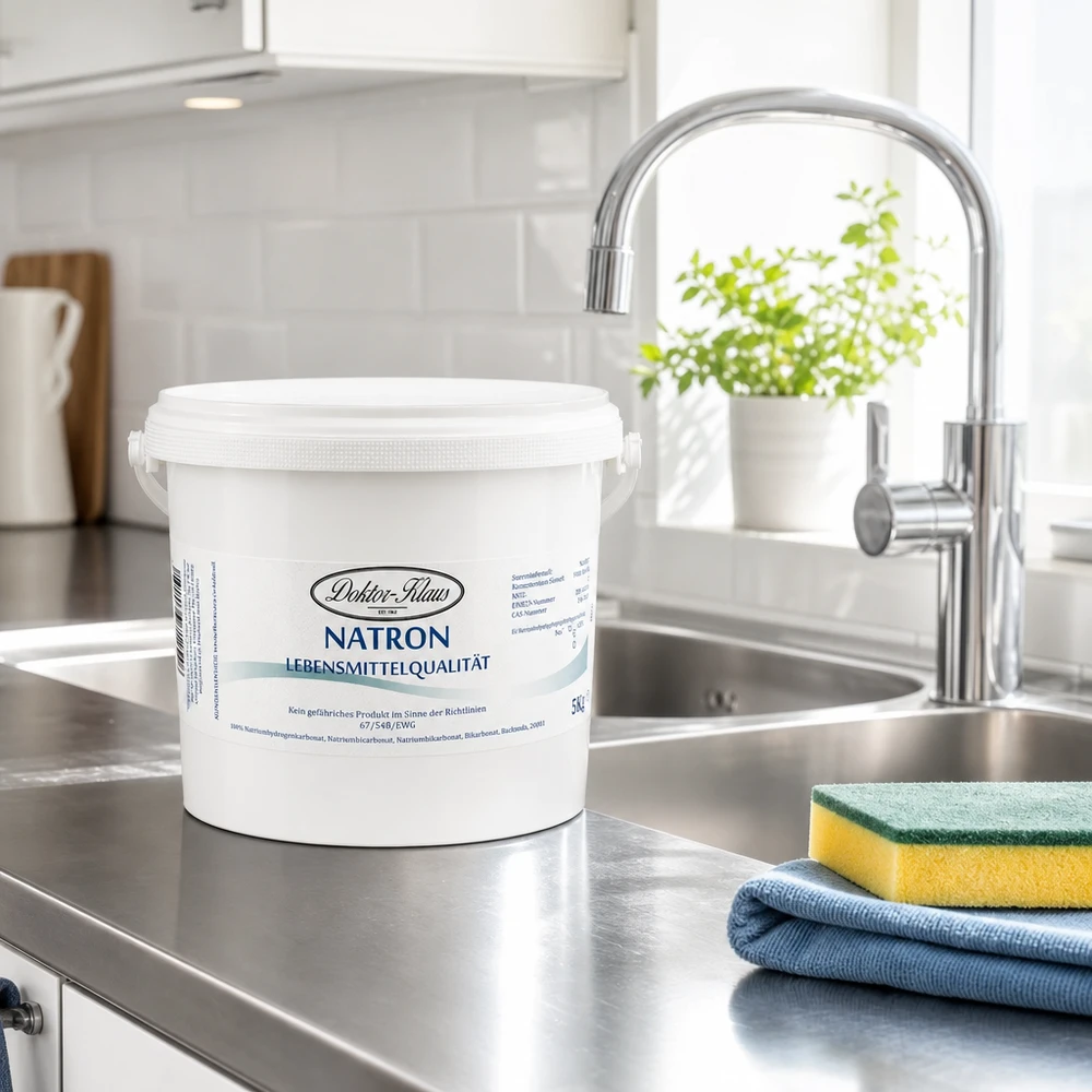 Bicarbonate de soude Docteur Klaus seau de 5kg à côté du torchon et de l'éponge sur l'évier en inox dans une cuisine claire