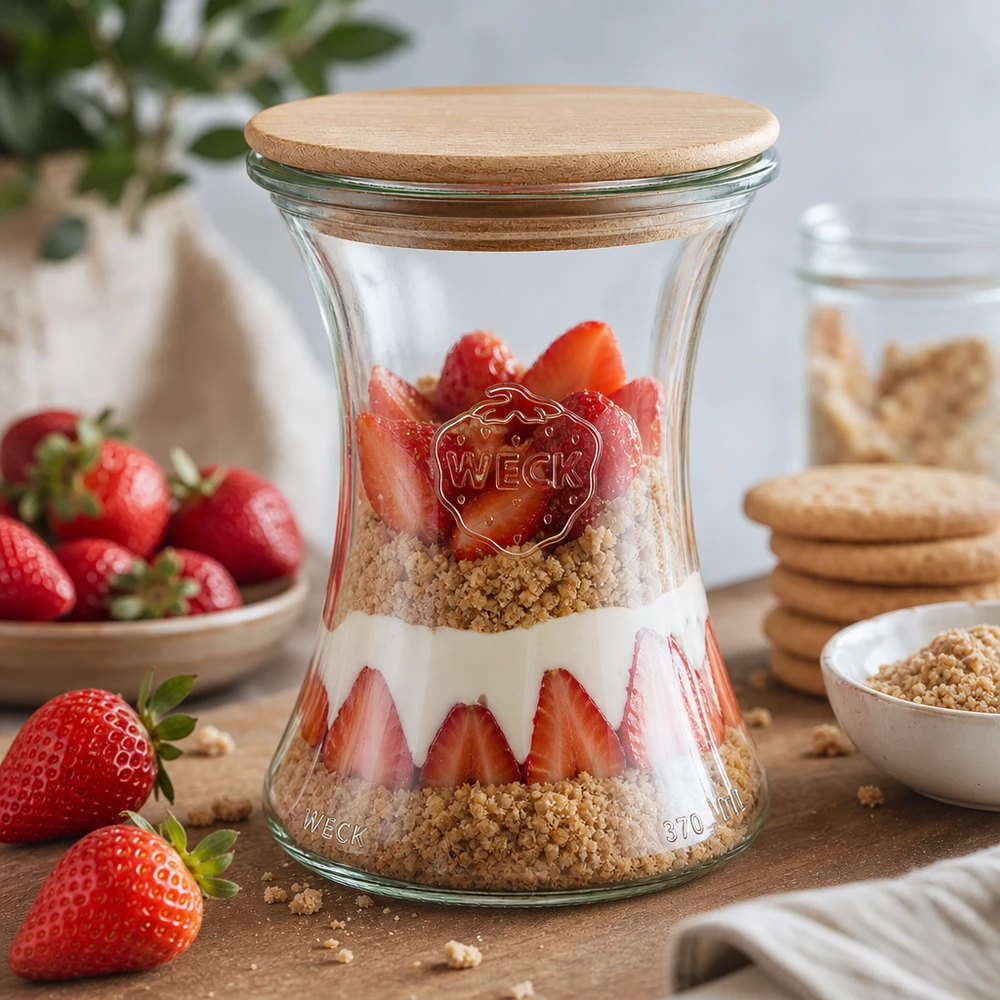 370ml bocal à gourmandises WECK RR80 avec couvercle en bois WECK Pot de délicatesse 370ml RR80 avec couvercle en bois rempli de fraises Granola et de yaourt comme dessert en couches