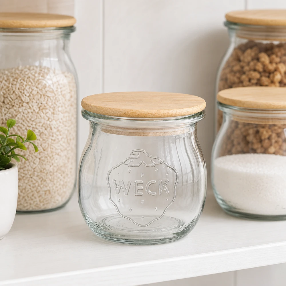 Pot tulipe 75ml WECK RR40 avec couvercle en bois WECK Pot tulipe 75ml RR40 avec couvercle en bambou dans un aménagement de cuisine stylé à côté des bocaux à provisions remplis