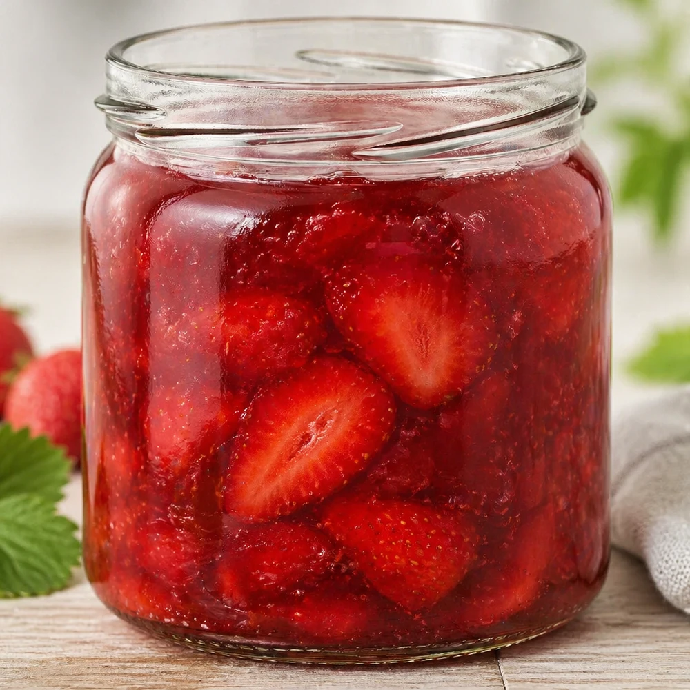UNiTWIST Runda408 Pot rond 408ml rempli de confiture de fraises maison montre une utilisation pratique comme pot de conservation