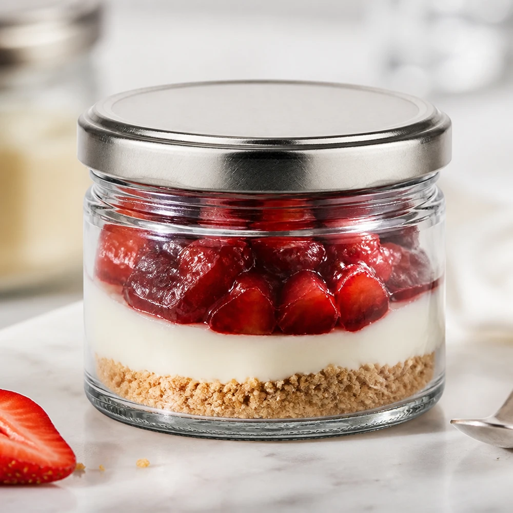 540ml Verre rond avec couvercle BasicSeal argent UNiTWIST Verre rond de 540ml avec couvercle argenté comme verre à dessert pour le cheesecake aux fraises dans un verre, dessert en couches