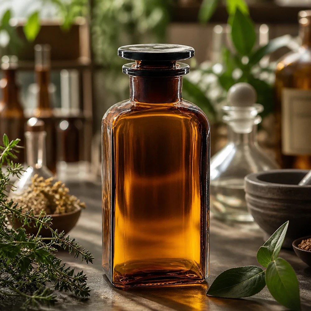 Flacon de pharmacie 250 ml, brun, à bouchon carré en verre, protection anti-UV, pour huiles et extraits