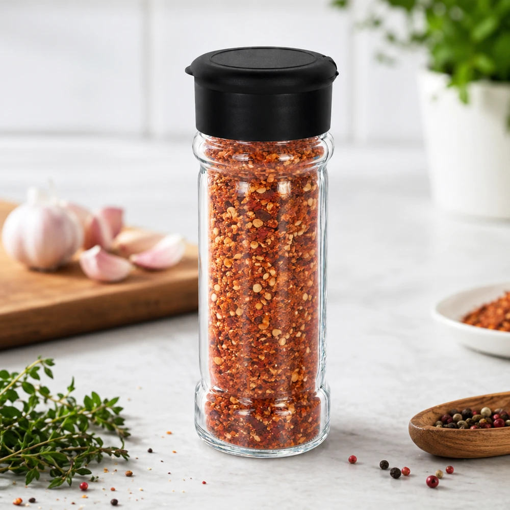 Bocal de flocons de piment de 100 ml avec couvercle saupoudreur noir, à côté d'herbes fraîches et d'ail
