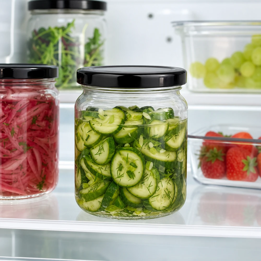 53ml Verre rond avec couvercle BasicSeal noir UNiTWIST 53ml Rundglas mit schwarzem Deckel gefüllt mit eingelegten Gurken im Kühlschrank frische Konservierung Pickles