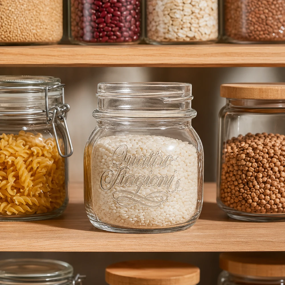 150ml Quattro Stagioni bocal ménager rempli de riz dans un placard de rangement organisé de cuisine