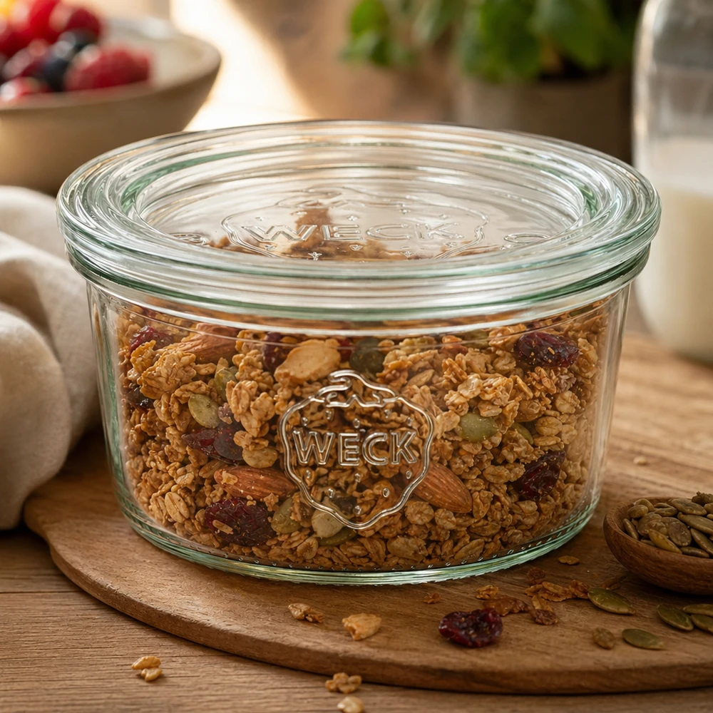WECK Pot renversé 165ml RR80 rempli de céréales et de fruits secs sur une planche en bois ronde montre la conservation parfaite des provisions