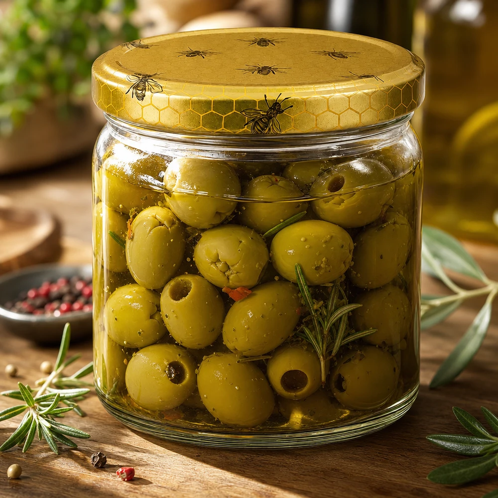 Verre rond de 408 ml avec couvercle BasicSeal en nid d'abeille rempli d'olives et d'herbes marinées sur table en bois