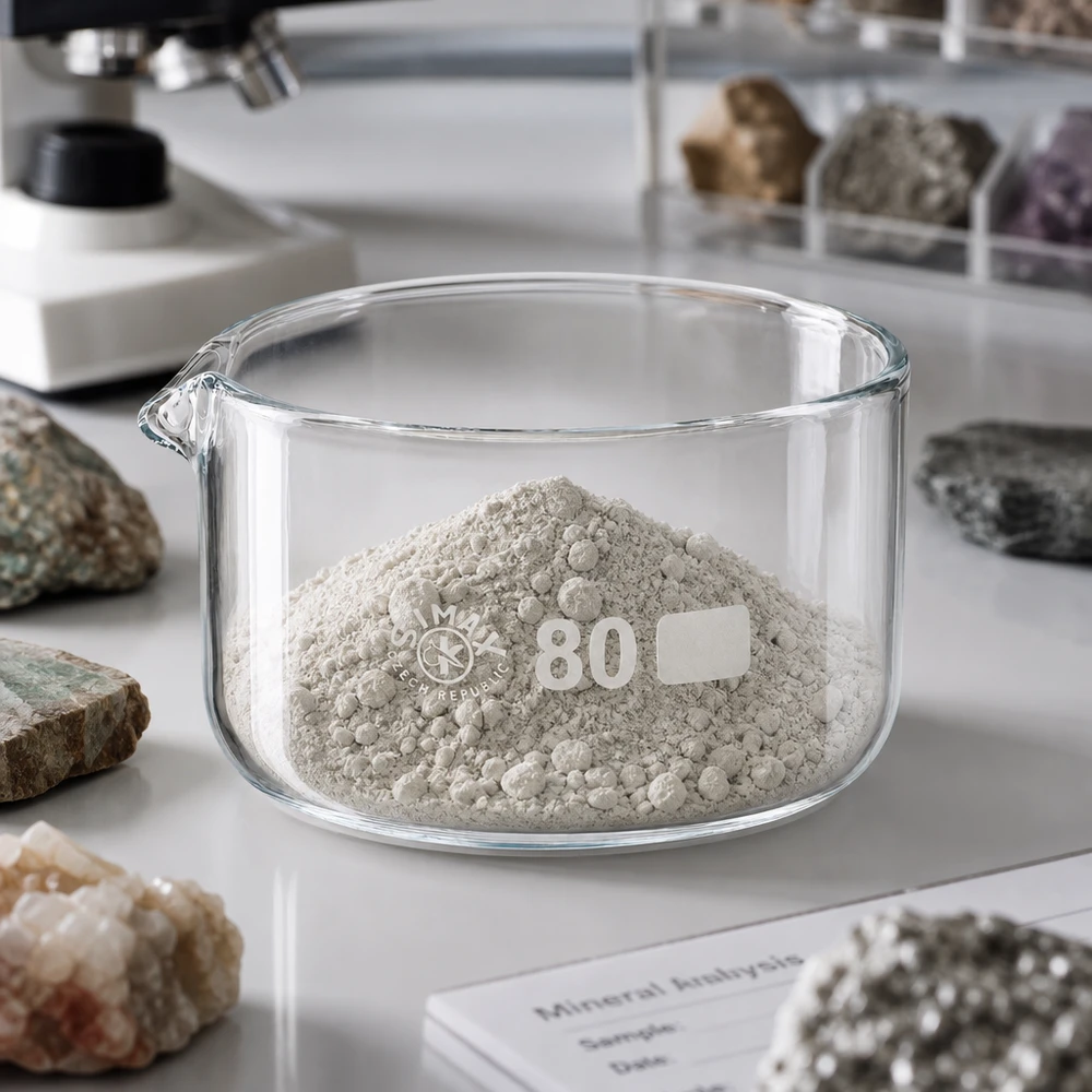 Coupelle de cristallisation de 150 ml contenant de la poudre minérale grise, posée sur un plan de travail de laboratoire blanc et entourée d'échantillons de roches de 80 mm de diamètre