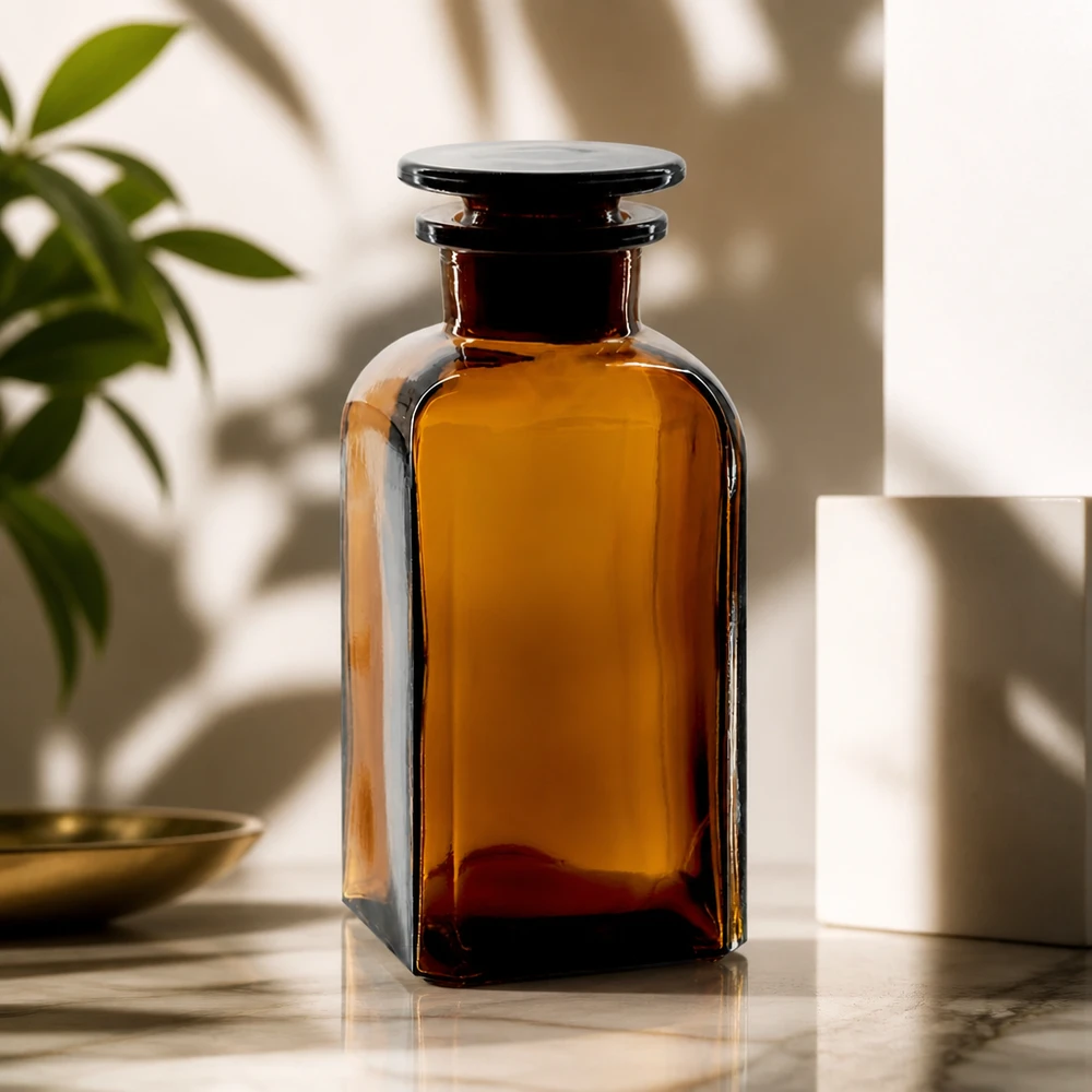 Flacon carré col large 350 ml + bouchon RIN, verre ambré Bouteille carrée marron de 350 ml à large goulot et bouchon en verre, posée sur du marbre