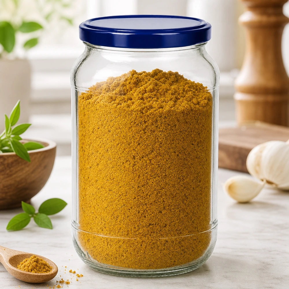 1062ml Verre rond avec couvercle BasicSeal bleu UNiTWIST 1062ml verre rond BasicSeal couvercle bleu UNiTWIST rempli de poudre d'épices au curry Scène de cuisine boîte à épices