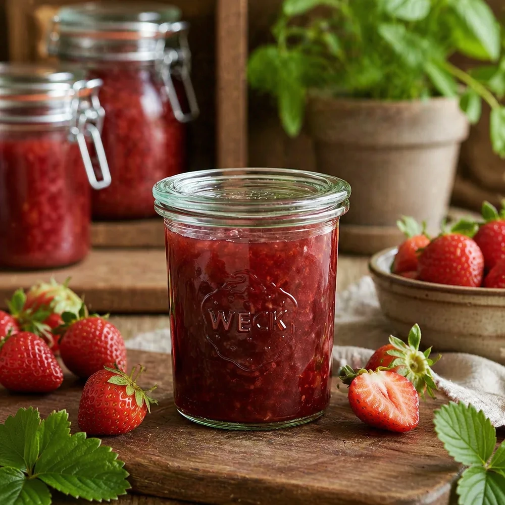 WECK Pot renversé RR60 160ml rempli de confiture de fraises maison, entouré de fraises fraîches sur une table en bois