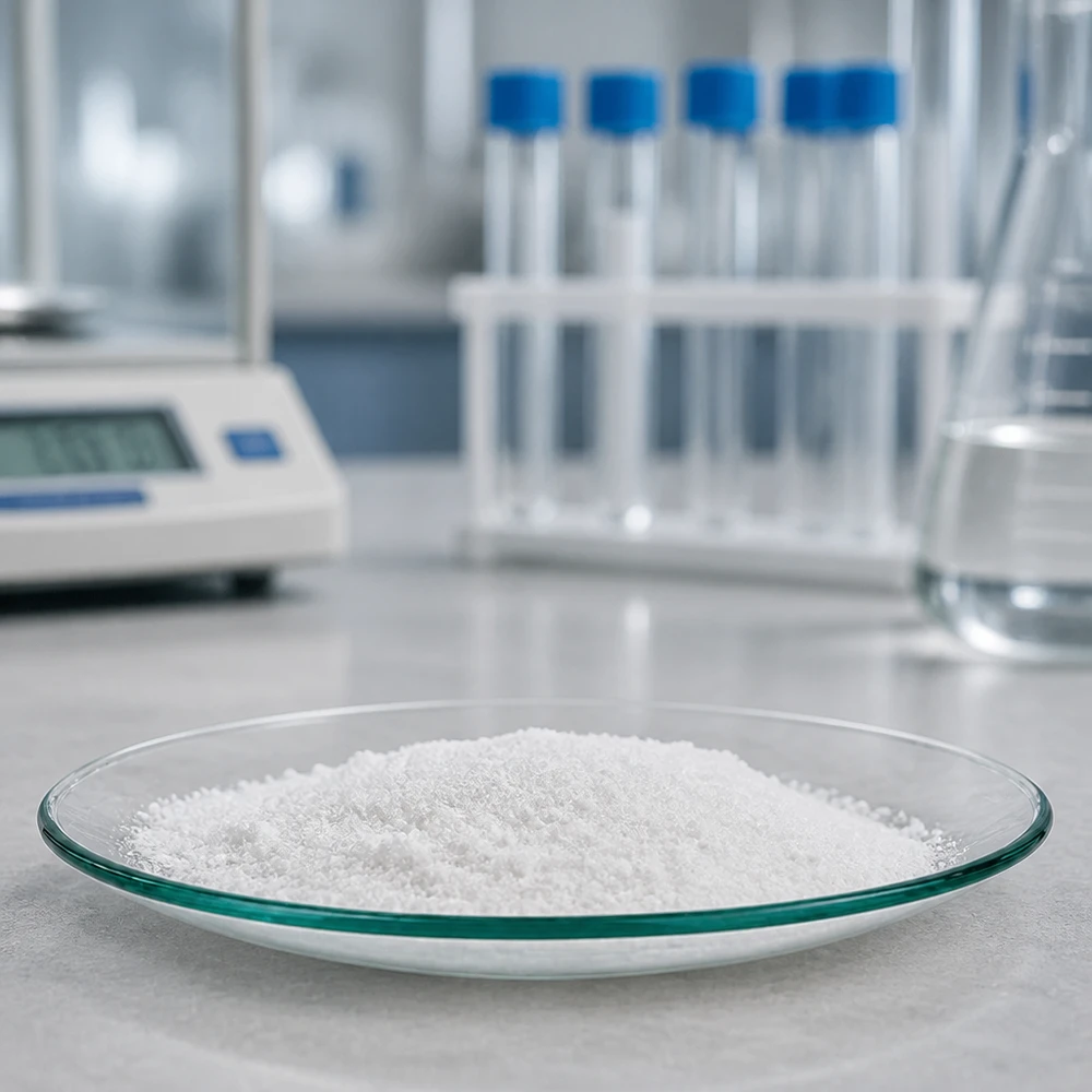 Plateau en verre plat Ø 90mm avec granulés fins blancs en équipement de laboratoire professionnel