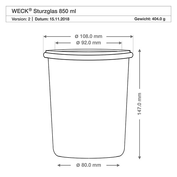 WECK Verre renversé 850ml RR100 Dessin technique Dimensions Dimensions 108mm Diamètre 147mm Hauteur Spécification du produit