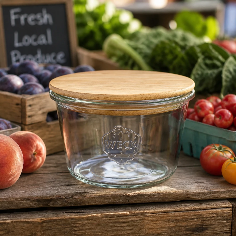 370ml bocal conique WECK RR100 avec couvercle en bois WECK RR100 Pot renversé 370ml avec couvercle en bambou sur table en bois entouré de fruits et légumes frais du marché