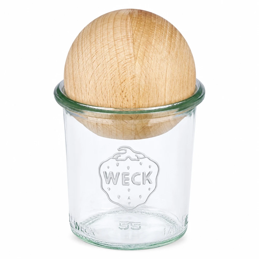 140ml bocal conique WECK RR60 avec boule en bois en hêtre WECK Pot renversé 140ml RR60 avec couvercle en bois en forme de boule de hêtre pour la conservation et les conserves