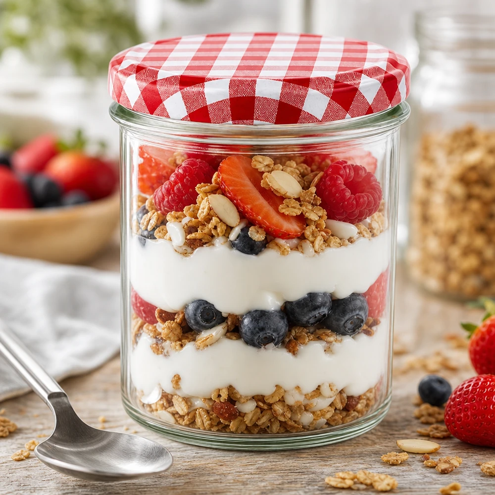 350ml Verre conique avec couvercle BasicSeal rouge/blanc UNiTWIST 350ml Sturzglas als Joghurt-Parfait mit Beeren und Müsli geschichtet, rot-weißer Deckel, kreative Küchennutzung
