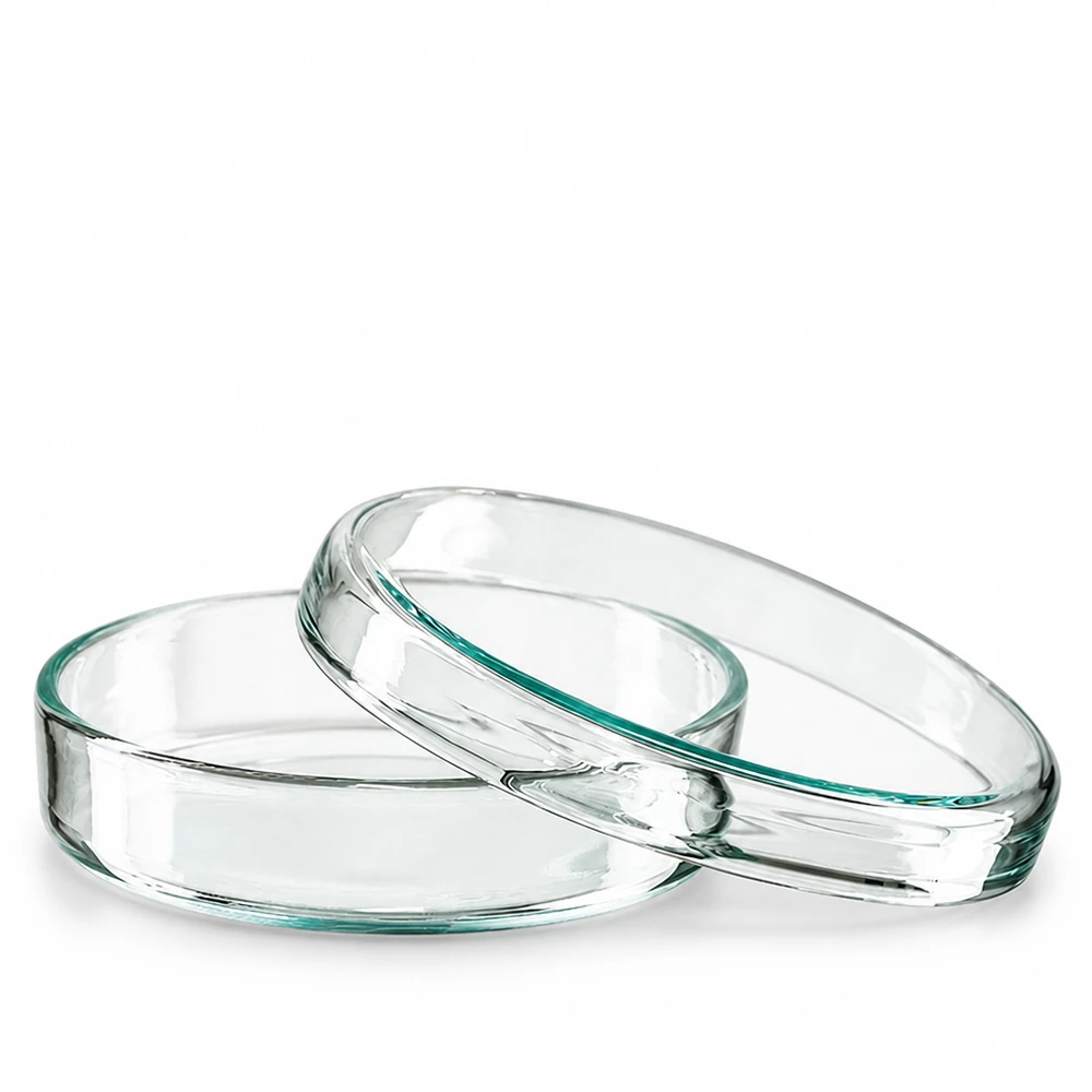 Boîte de Petri en verre 70x15 mm Boîte de Pétri en verre 70 x 15 mm, transparente et vide, sur fond blanc
