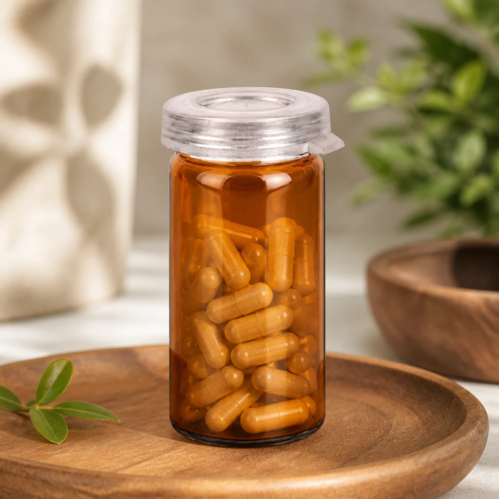 Flacon en verre à bord roulé couleur ambre de 5 ml avec bouchons dorés, présenté sur un plateau en bois au décor naturel