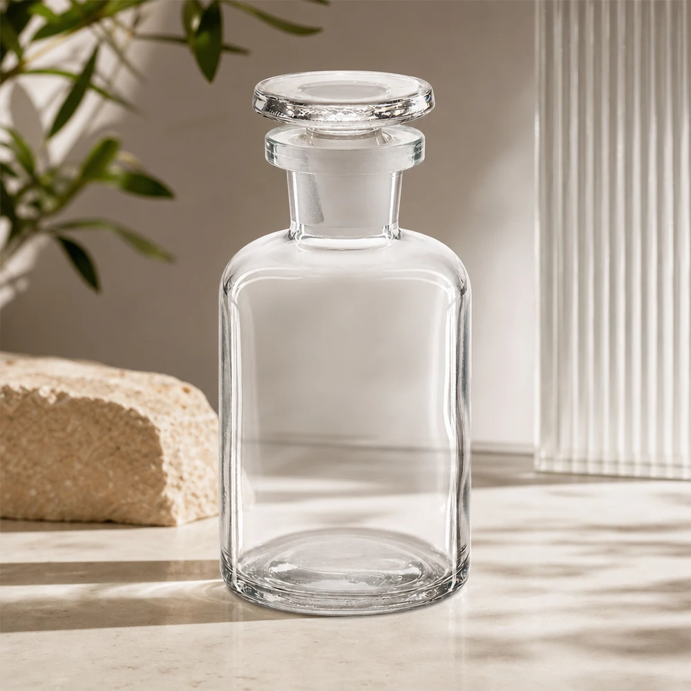 Flacon pharmaceutique 50 ml col étroit en verre clair + bouchon Flacon en verre transparent à col étroit de 50 ml, muni d'un bouchon rond en verre et présentant une forme à épaules arrondies