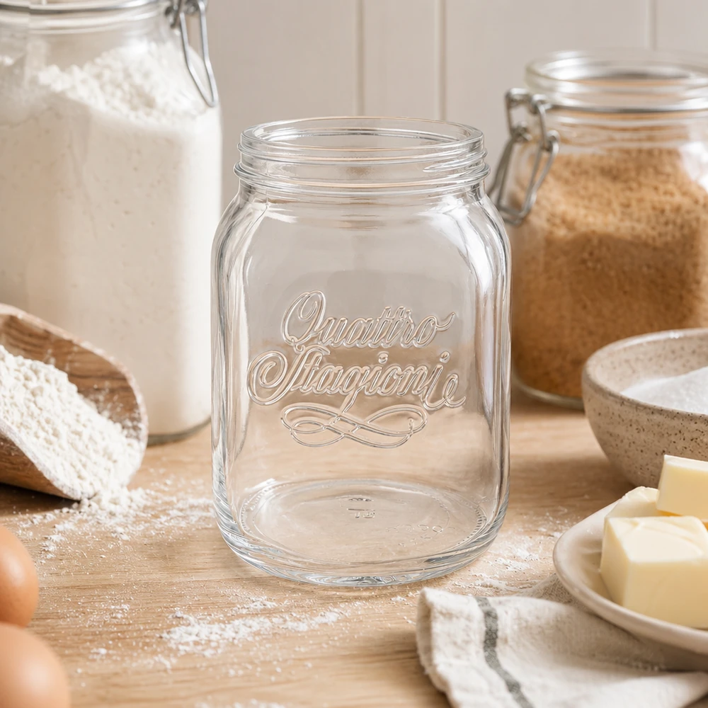 2000ml Verre rond 'Quattro Stagioni' QS110mm Quattro Stagioni 2000ml Vorratsglas in Küche mit Mehl und Küchenutensilien für stilvolle Lebensmittelaufbewahrung