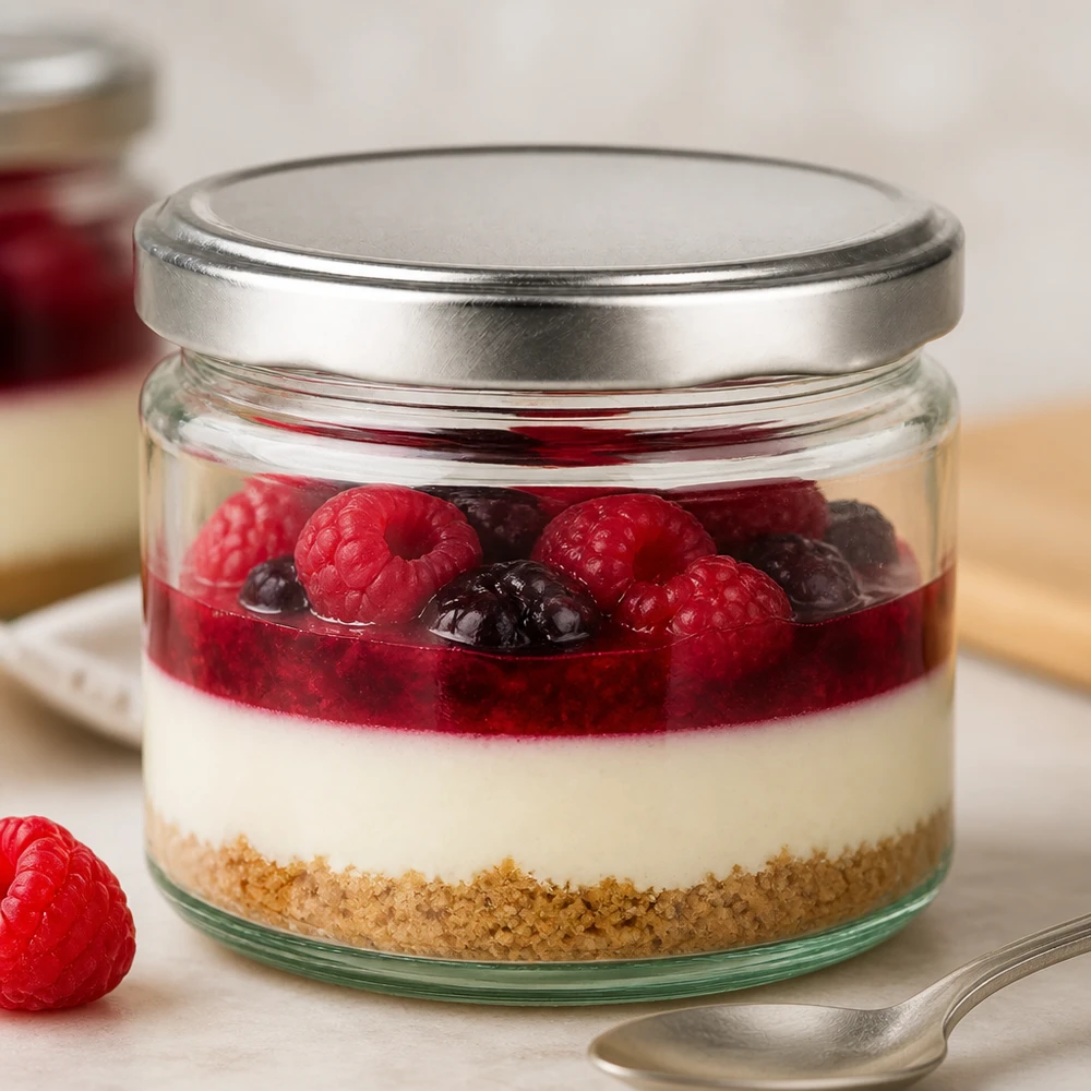 Verre rond de 330ml avec couvercle BasicSeal argenté rempli de dessert Framboises Myrtilles Cheesecake en verre