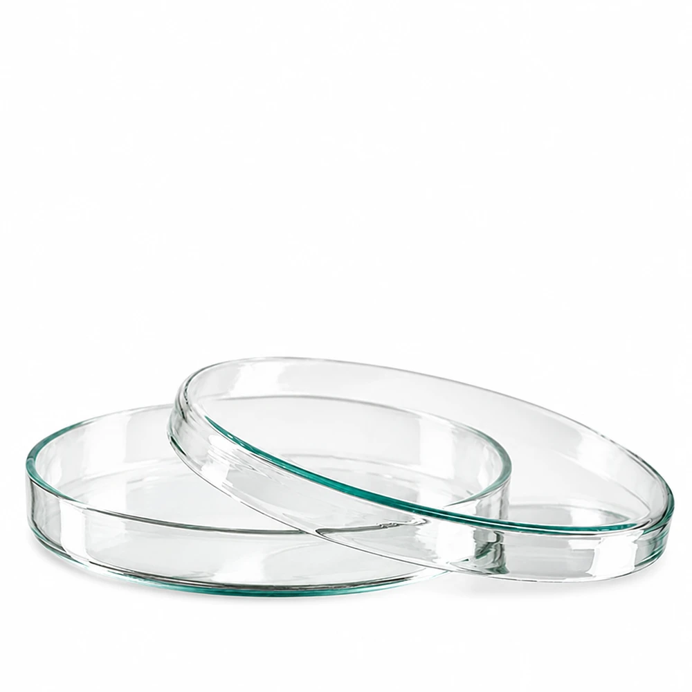 Deux boîtes de Pétri rondes en verre, transparentes, de 100 x 15 mm, empilées sur un fond blanc