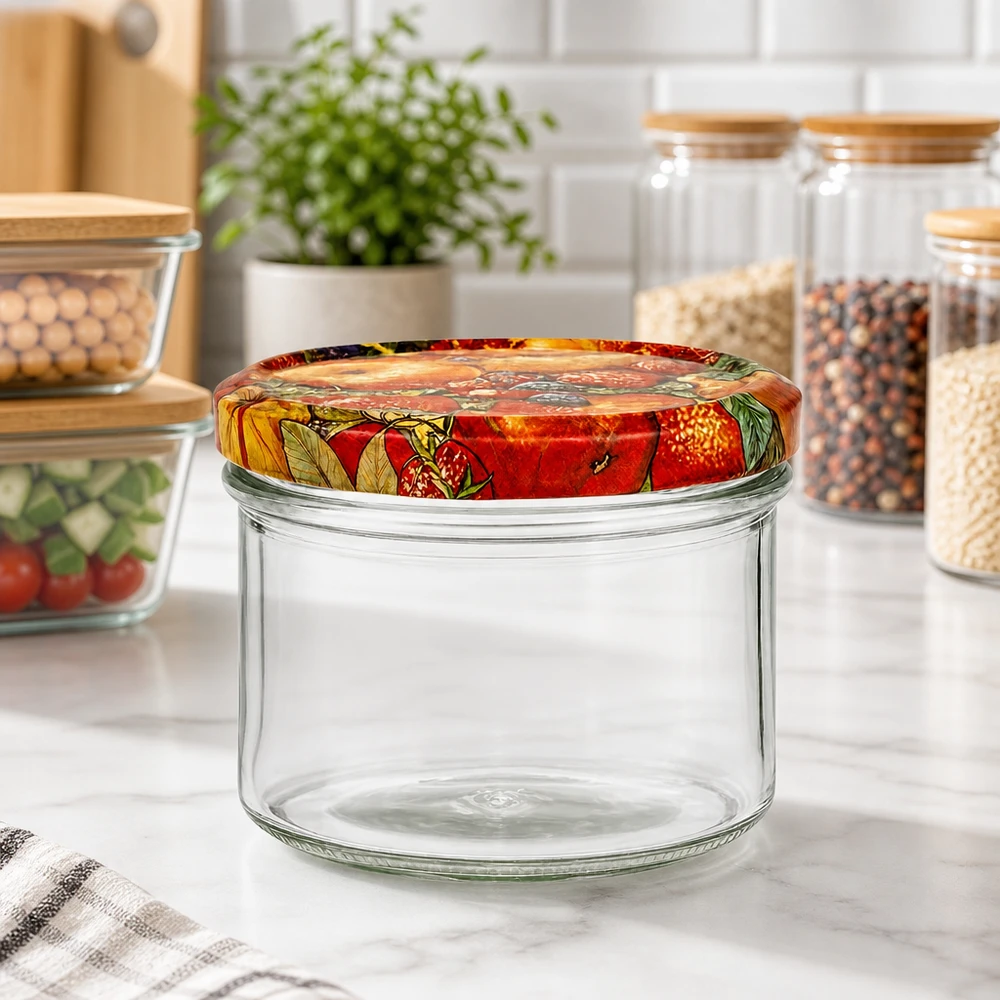 Bocal en verre de 225 ml avec couvercle à décor de fruits dans une cuisine moderne, bocal à provisions vide parmi d'autres bocaux de conservation