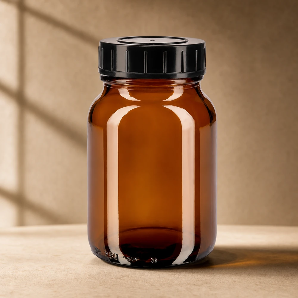 Bouteille Premium en verre brun à col large 250ml avec bouchon à vis de sécurité pour enfants pour la pharmacie familiale