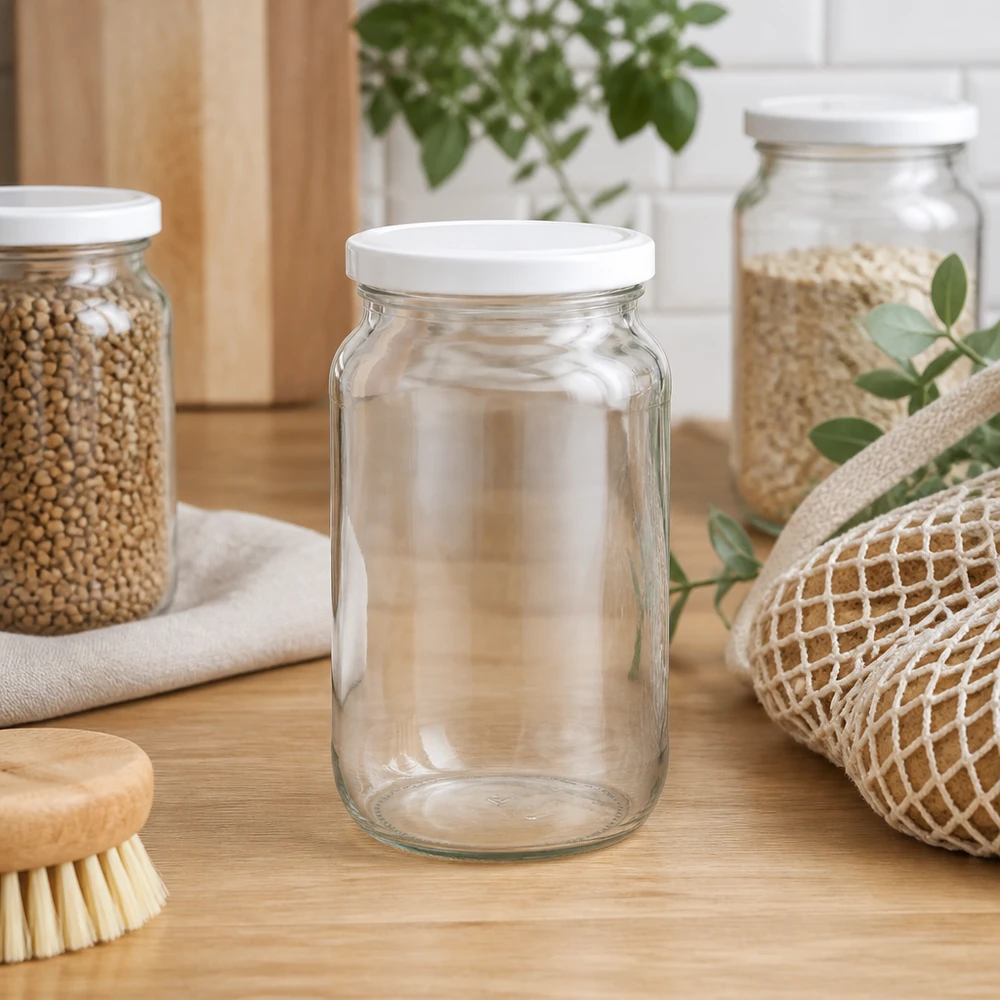 1062ml Verre rond BasicSeal Couvercle vide sur comptoir de cuisine avec bocaux à provisions et ustensiles de cuisine Cuisine zéro déchet