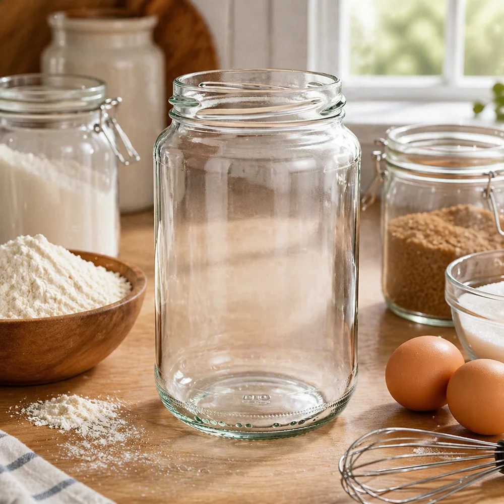 UNiTWIST Runda375 Verre rond dans la cuisine avec des ingrédients de boulangerie farine œufs et autres bocaux de stockage comme équipement de cuisine