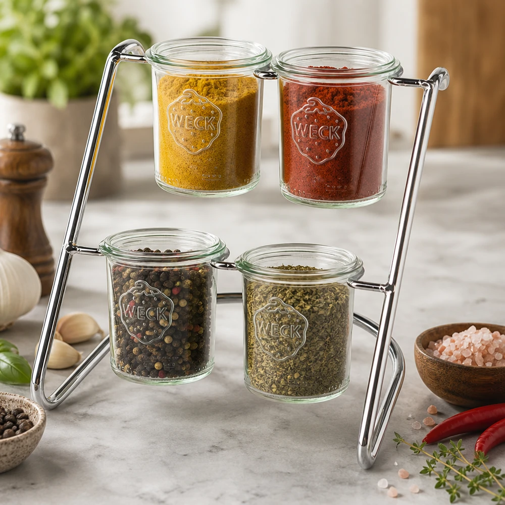 Support de service Flato4 avec épices et herbes aromatiques dans des bocaux WECK - organisation décorative de la cuisine sur le plan de travail