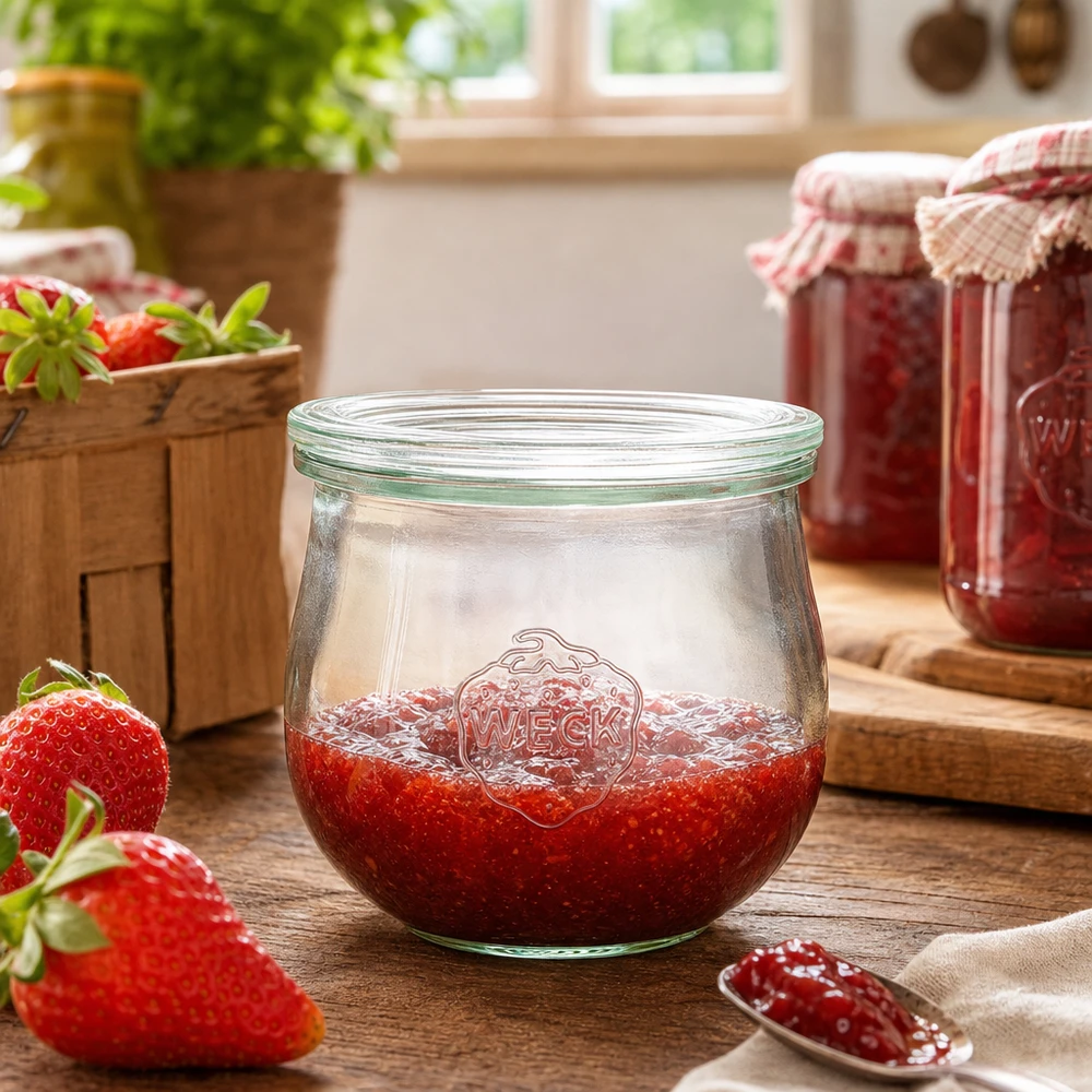 370ml bocal tulipe avec bouchon en verre WECK RR80 WECK Pot tulipe 370ml RR80 rempli de confiture de fraises dans une cuisine rustique à côté de fraises fraîches et de bocaux à conserves