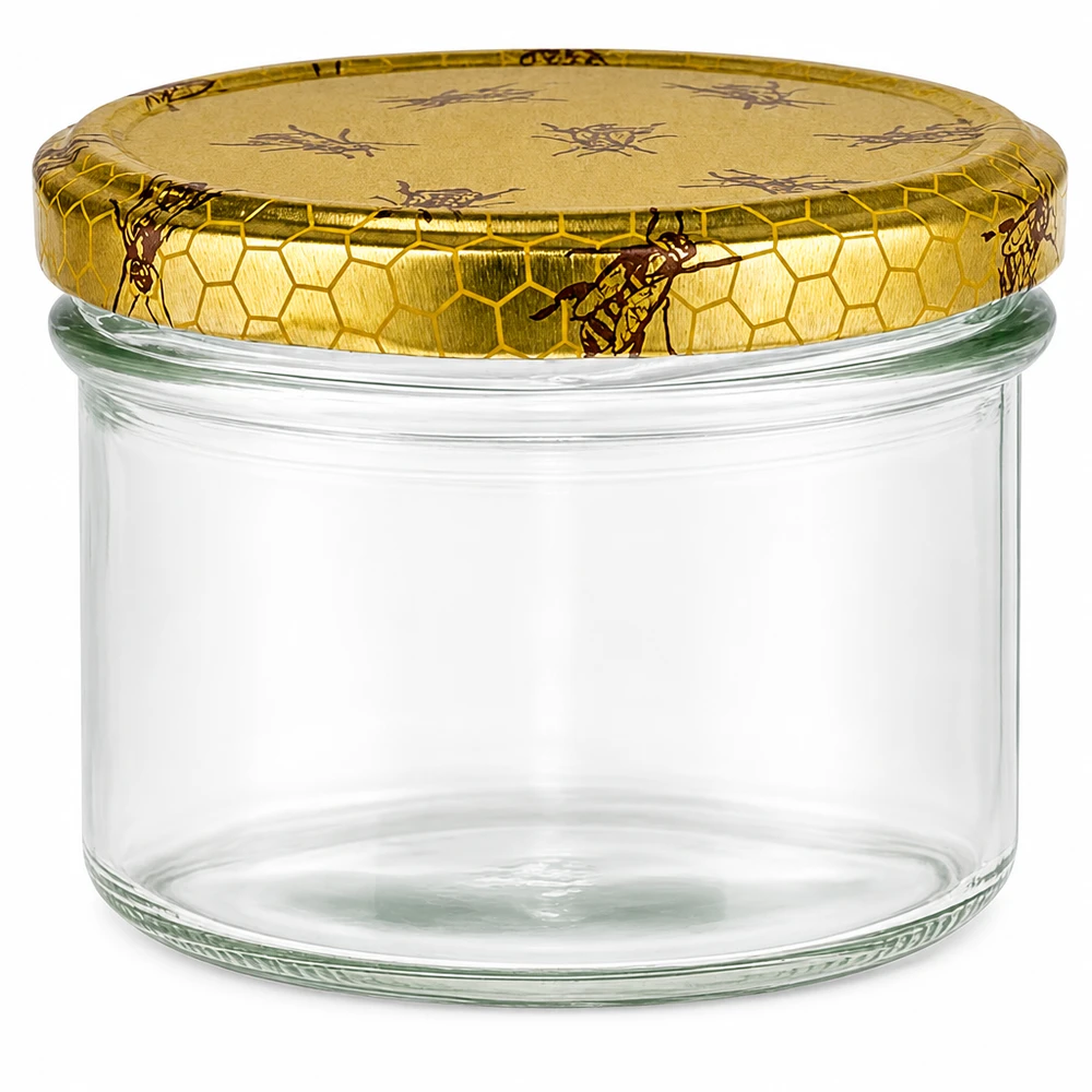 Pot de 225 ml avec couvercle doré en nid d'abeille pour confiture de miel.