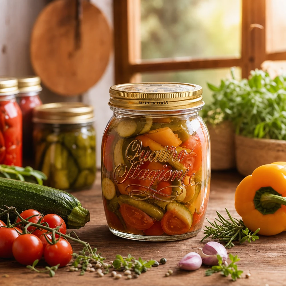 Verre rond 700ml « Quattro Stagioni » avec couvercle Quattro Stagioni 700ml Pot de légumes marinés entouré d'ingrédients frais sur une table en bois rustique