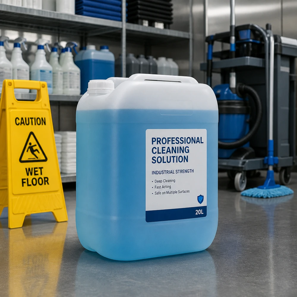 Bidon bleu de 20 litres contenant une solution de nettoyage professionnelle dans un entrepôt industriel