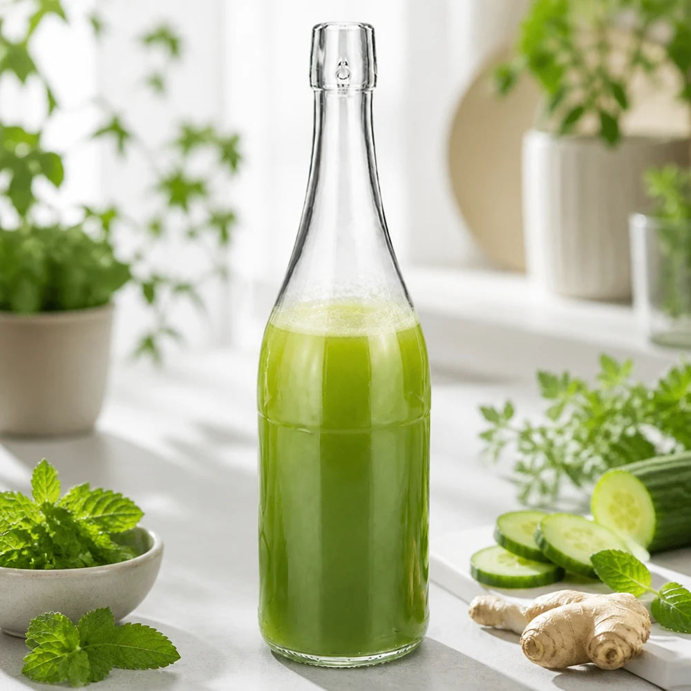 Bouteille en verre de 750ml UNiTWIST remplie de smoothie vert entre herbes fraîches concombre gingembre alimentation saine