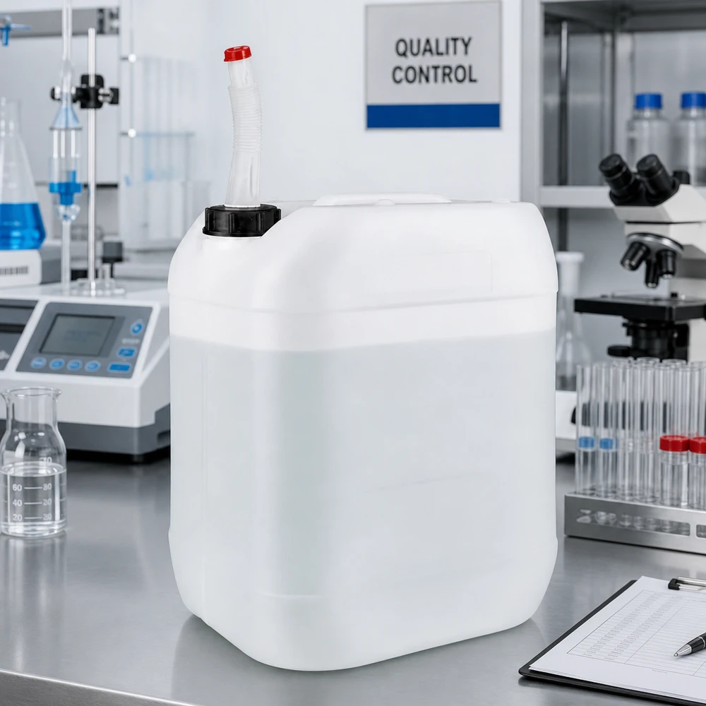 Bidon translucide de 20 litres muni d'un bec verseur flexible, utilisé dans un laboratoire de contrôle qualité