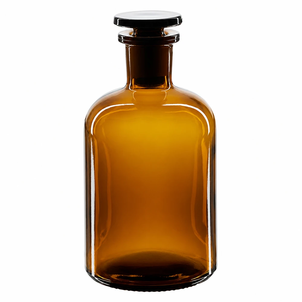 Flacon pharmaceutique 250 ml col étroit en verre ambré + bouchon Bouteille à épaules arrondies de 250 ml, de couleur brune, avec bouchon en verre et col étroit, en verre de laboratoire de haute qualité