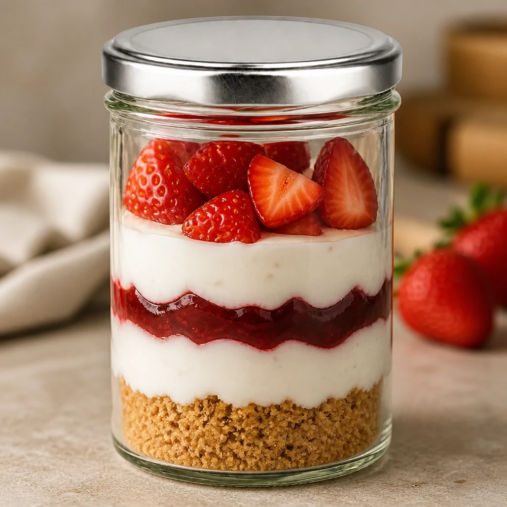 Verre renversé de 435 ml avec couvercle BasicSeal comme coupe à dessert - Dessert stratifié aux fraises avec fond de biscuits et crème chantilly