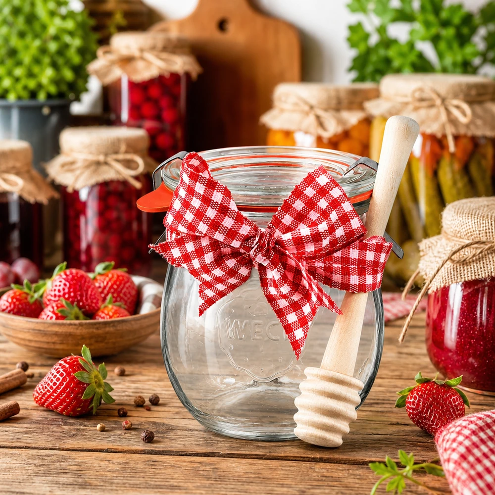 Mini bocal tulipe WECK 220 ml complet avec cuillère à miel et nud Pot de conserve WECK 220ml avec ruban rouge et cuillère à miel en bois, entouré de pots de confiture et de fraises