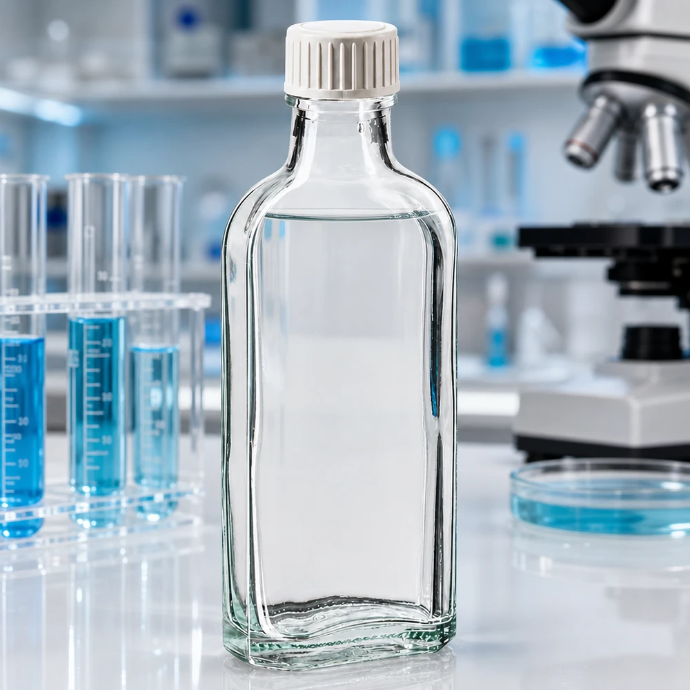 Flacon de laboratoire rectangulaire de 100 ml en verre transparent, muni d'un bouchon à vis blanc et d'un joint en mousse de PE
