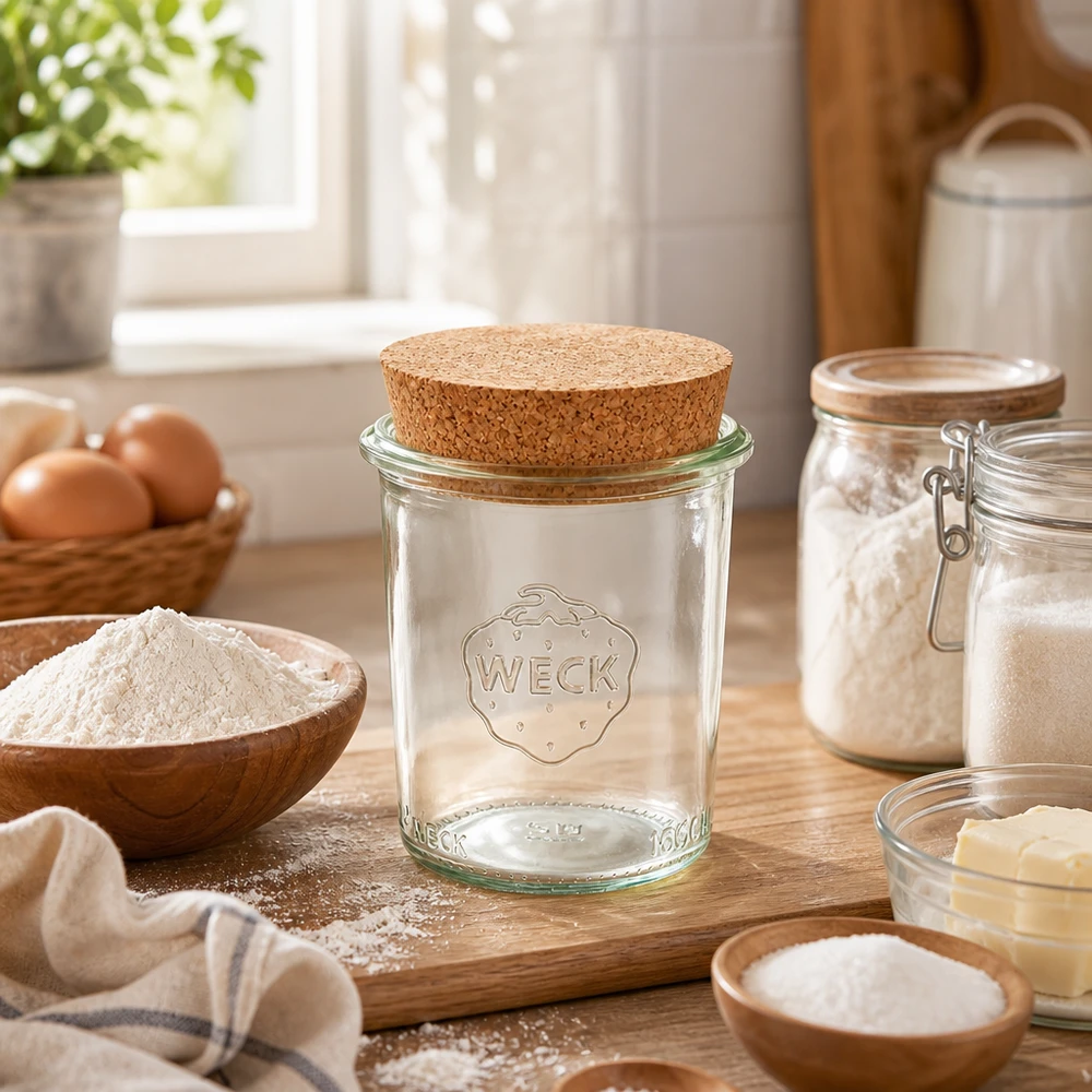160ml bocal conique WECK RR60 avec bouchon nature WECK Verre renversé 160ml RR60 avec bouchon sur planche en bois dans une cuisine chaude entouré d'ingrédients de cuisson farine et œufs